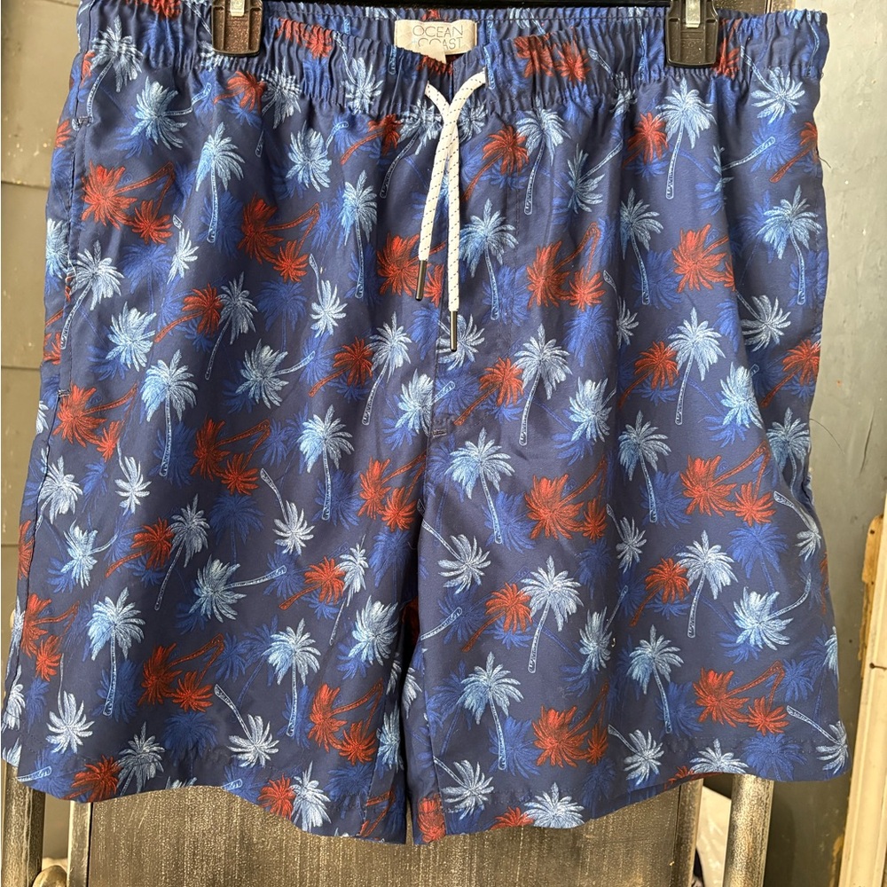 Men's Blue and Red Palm Tree Swim Shorts